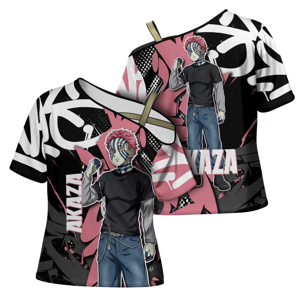Akaza Demon Slayer Cross Shoulder Shirt Pink & Black Graffiti Anime Graphic