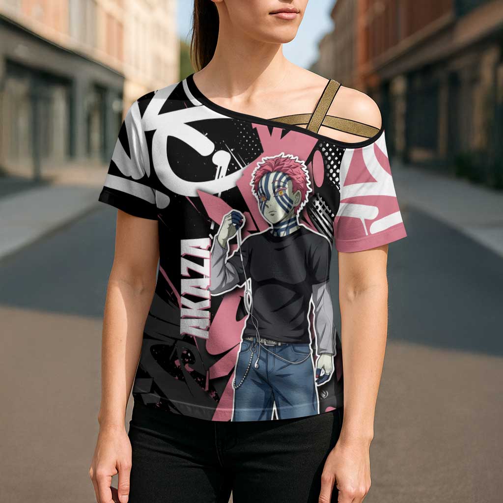 Akaza Demon Slayer Cross Shoulder Shirt Pink & Black Graffiti Anime Graphic