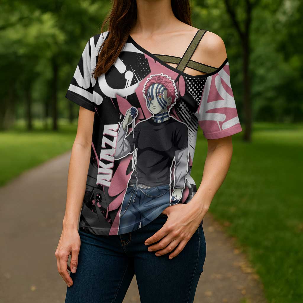 Akaza Demon Slayer Cross Shoulder Shirt Pink & Black Graffiti Anime Graphic