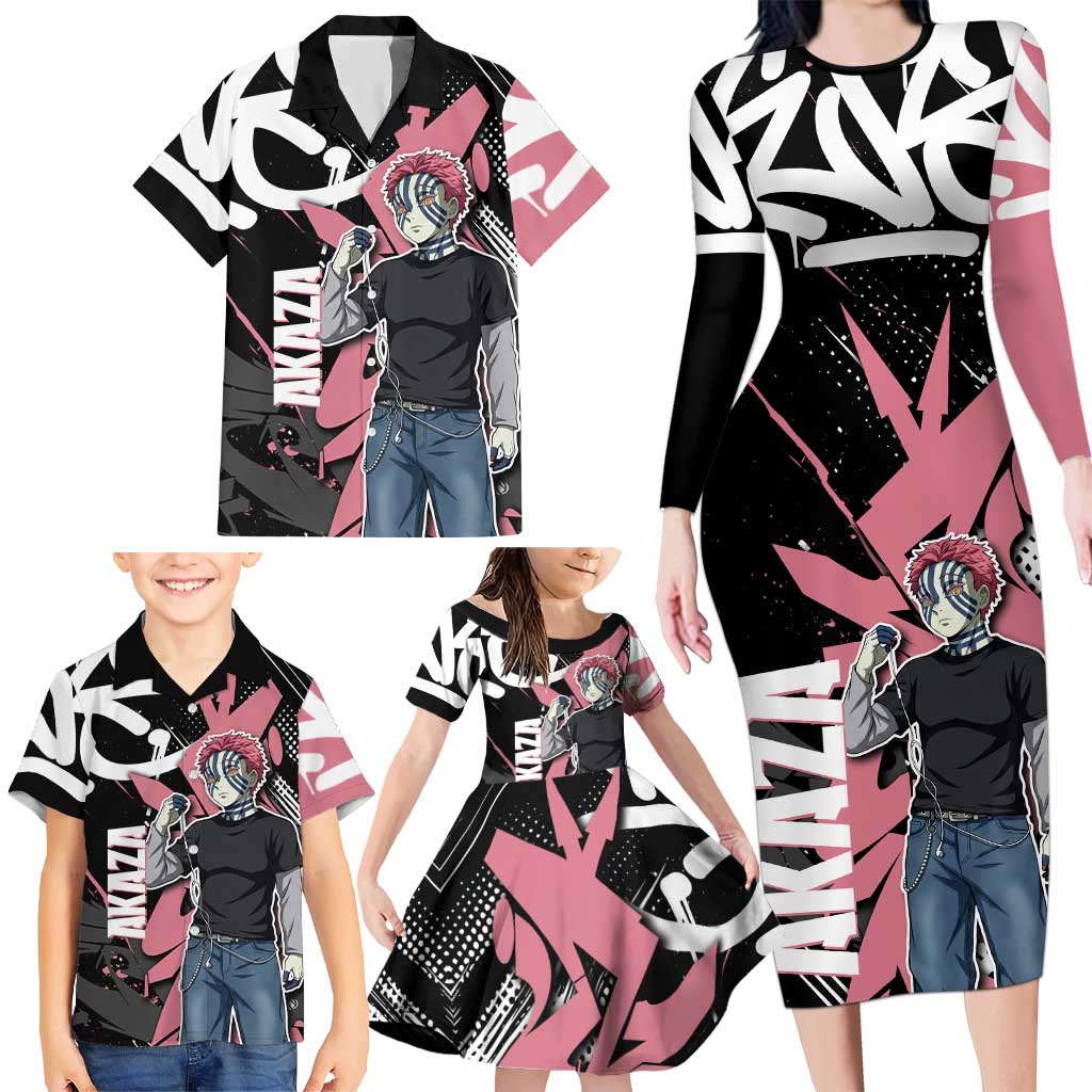 Akaza Demon Slayer Family Matching Long Sleeve Bodycon Dress and Hawaiian Shirt Pink & Black Graffiti Anime Graphic
