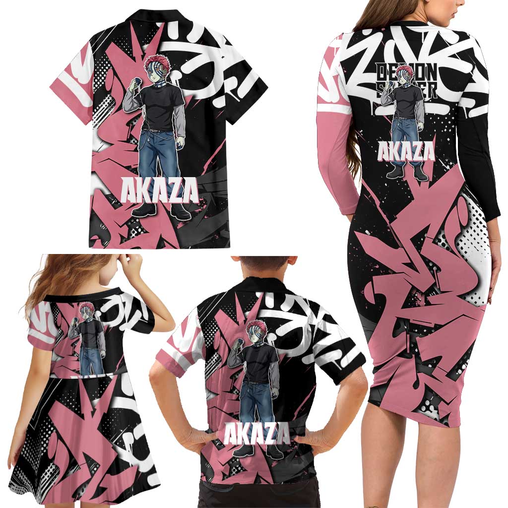 Akaza Demon Slayer Family Matching Long Sleeve Bodycon Dress and Hawaiian Shirt Pink & Black Graffiti Anime Graphic