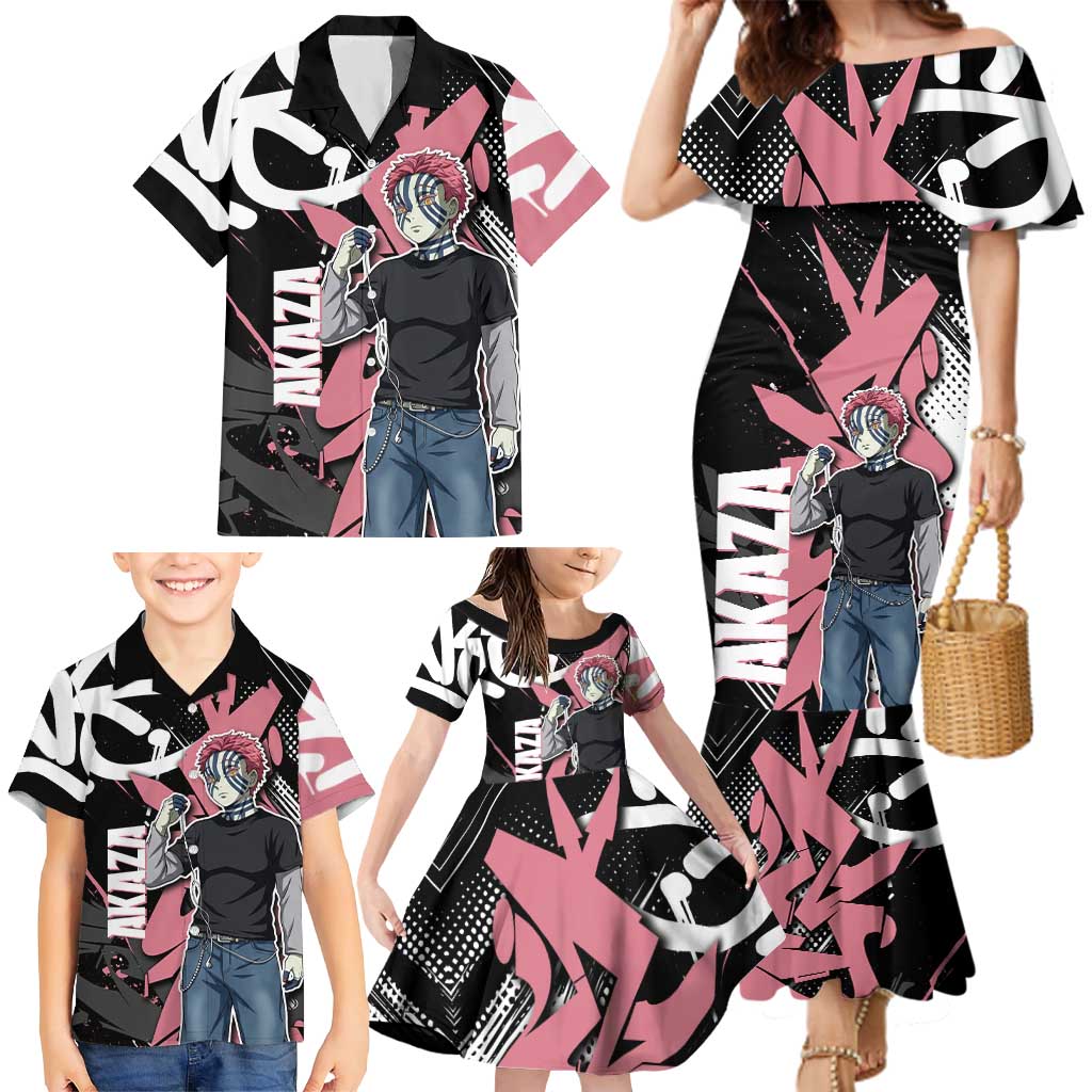 Akaza Demon Slayer Family Matching Mermaid Dress and Hawaiian Shirt Pink & Black Graffiti Anime Graphic