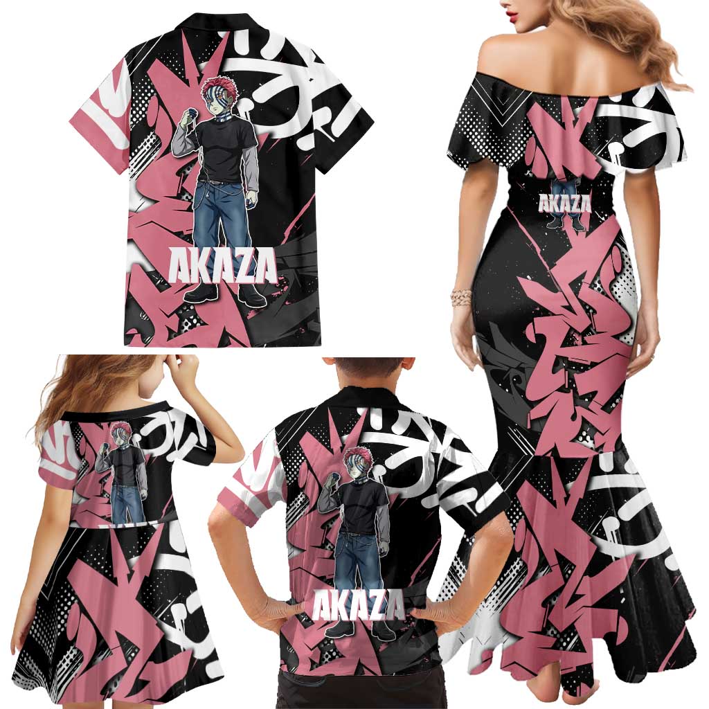 Akaza Demon Slayer Family Matching Mermaid Dress and Hawaiian Shirt Pink & Black Graffiti Anime Graphic