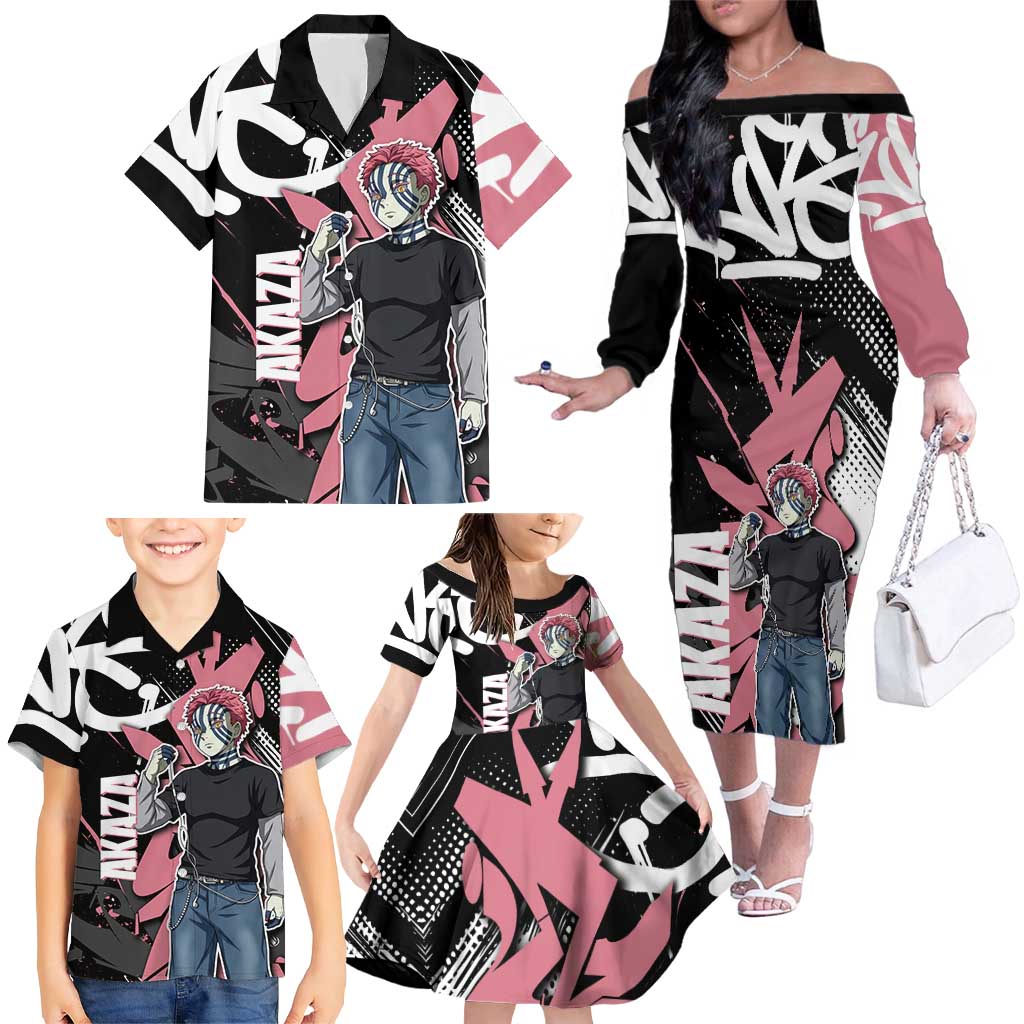 Akaza Demon Slayer Family Matching Off The Shoulder Long Sleeve Dress and Hawaiian Shirt Pink & Black Graffiti Anime Graphic