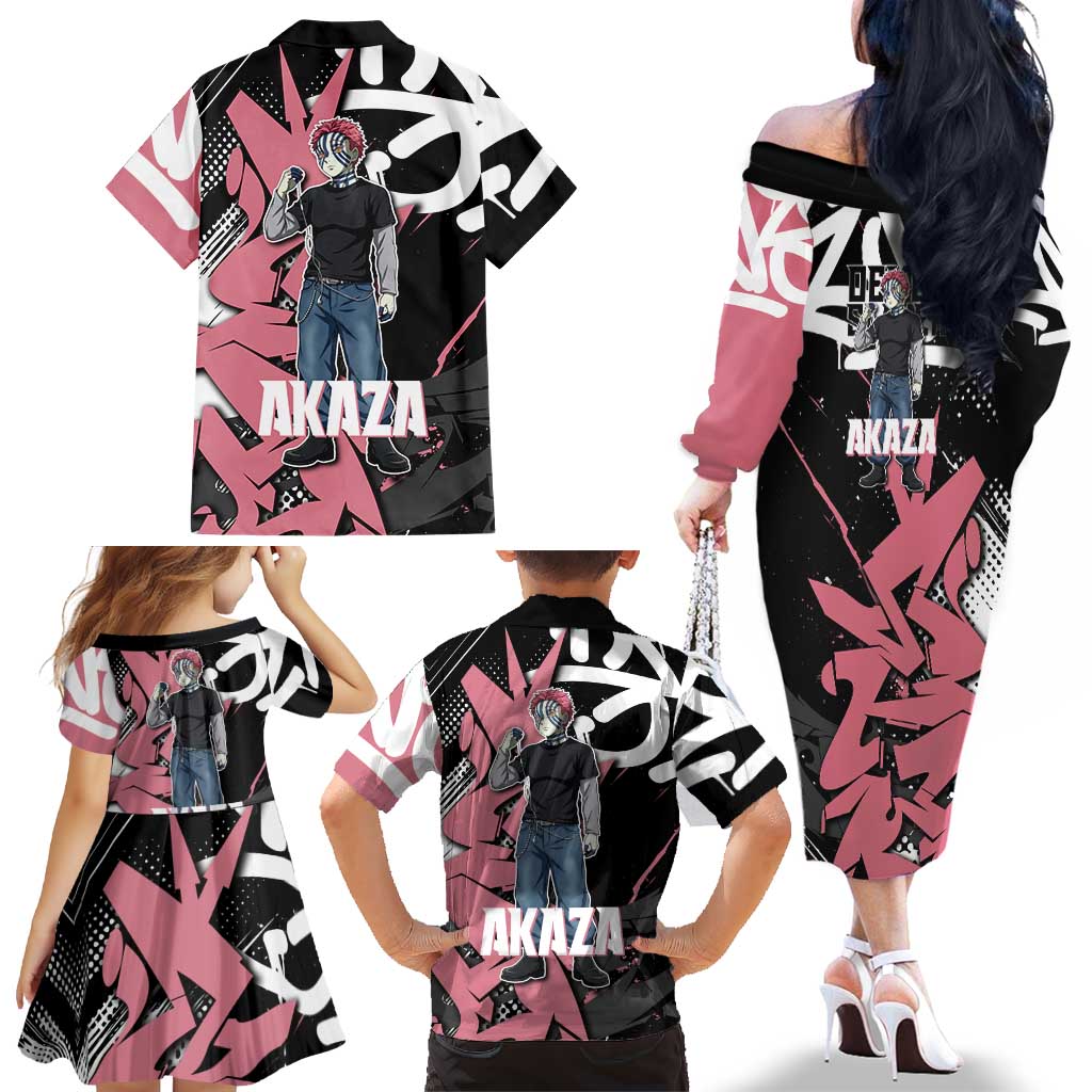 Akaza Demon Slayer Family Matching Off The Shoulder Long Sleeve Dress and Hawaiian Shirt Pink & Black Graffiti Anime Graphic