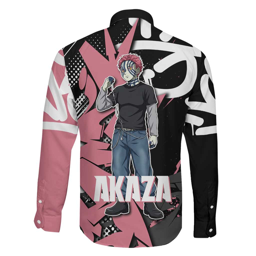 Akaza Demon Slayer Family Matching Off The Shoulder Long Sleeve Dress and Hawaiian Shirt Pink & Black Graffiti Anime Graphic