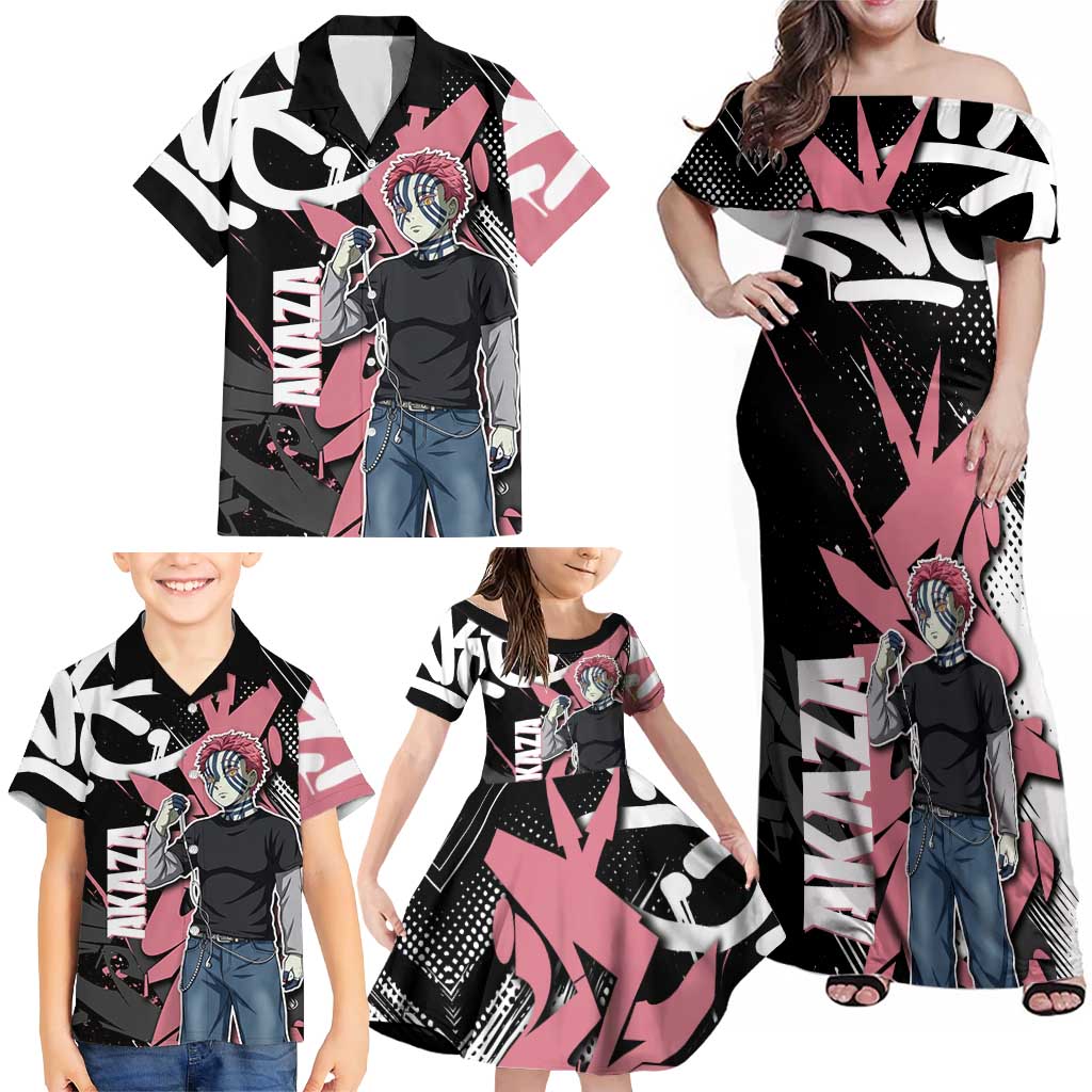 Akaza Demon Slayer Family Matching Off Shoulder Maxi Dress and Hawaiian Shirt Pink & Black Graffiti Anime Graphic