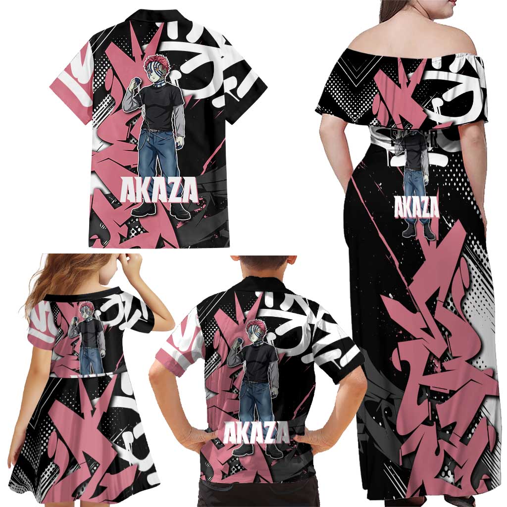Akaza Demon Slayer Family Matching Off Shoulder Maxi Dress and Hawaiian Shirt Pink & Black Graffiti Anime Graphic