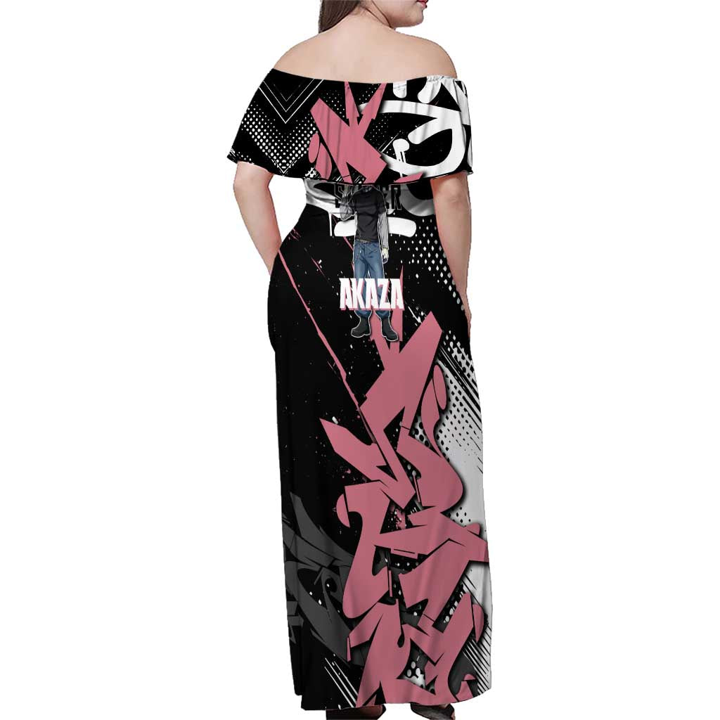 Akaza Demon Slayer Family Matching Off Shoulder Maxi Dress and Hawaiian Shirt Pink & Black Graffiti Anime Graphic