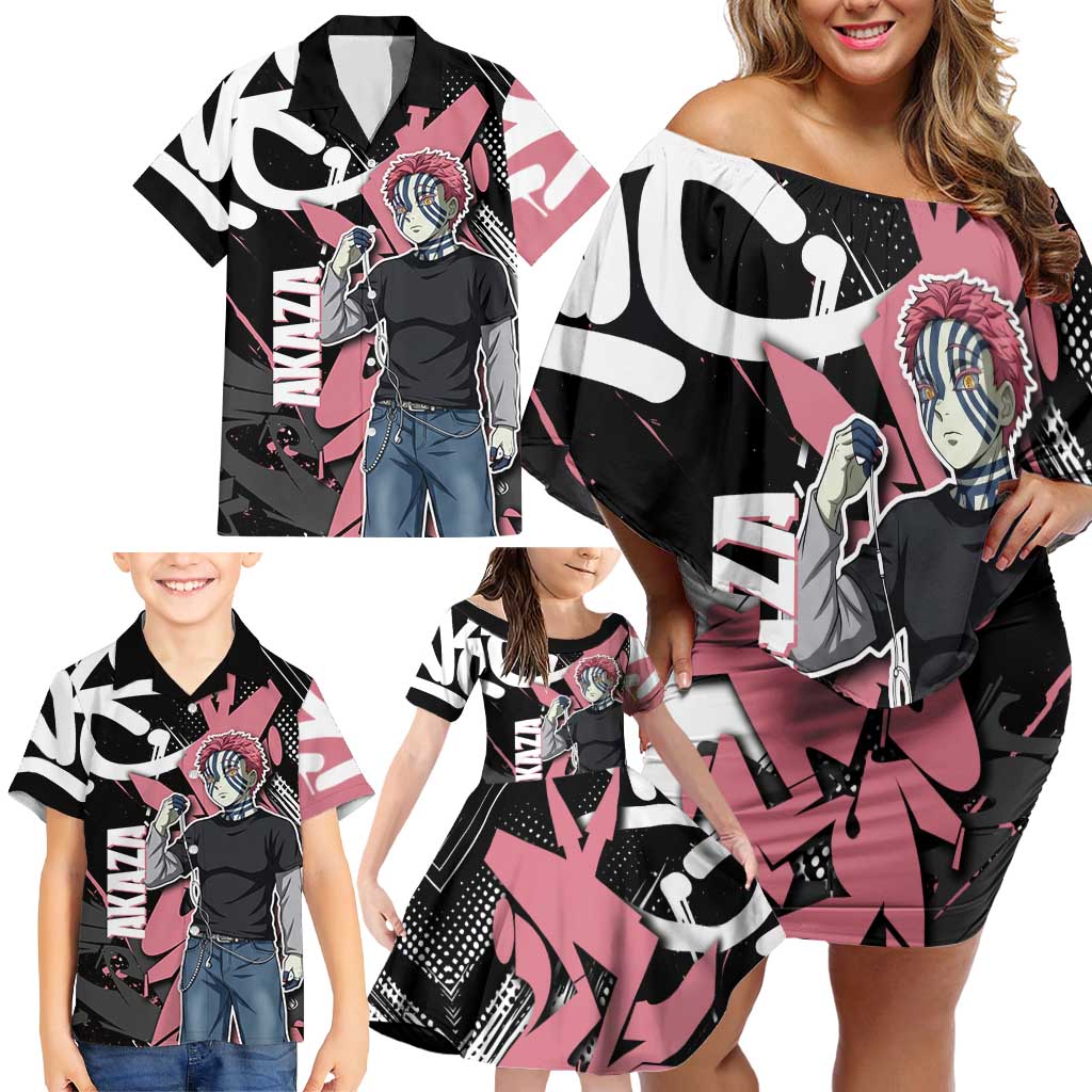 Akaza Demon Slayer Family Matching Off Shoulder Short Dress and Hawaiian Shirt Pink & Black Graffiti Anime Graphic