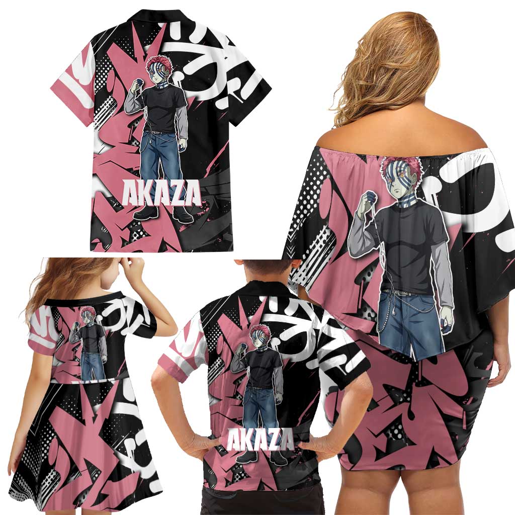 Akaza Demon Slayer Family Matching Off Shoulder Short Dress and Hawaiian Shirt Pink & Black Graffiti Anime Graphic