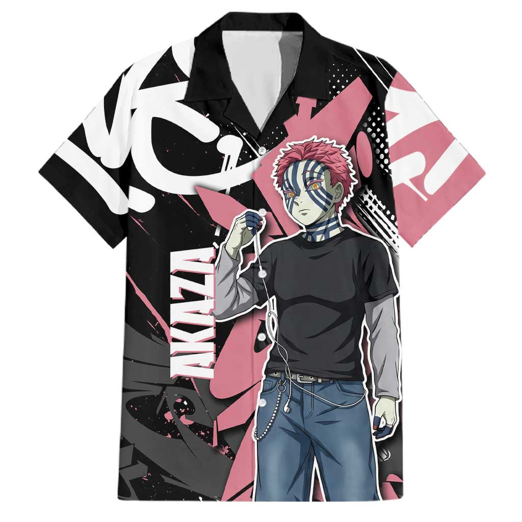 Akaza Demon Slayer Family Matching Off Shoulder Short Dress and Hawaiian Shirt Pink & Black Graffiti Anime Graphic