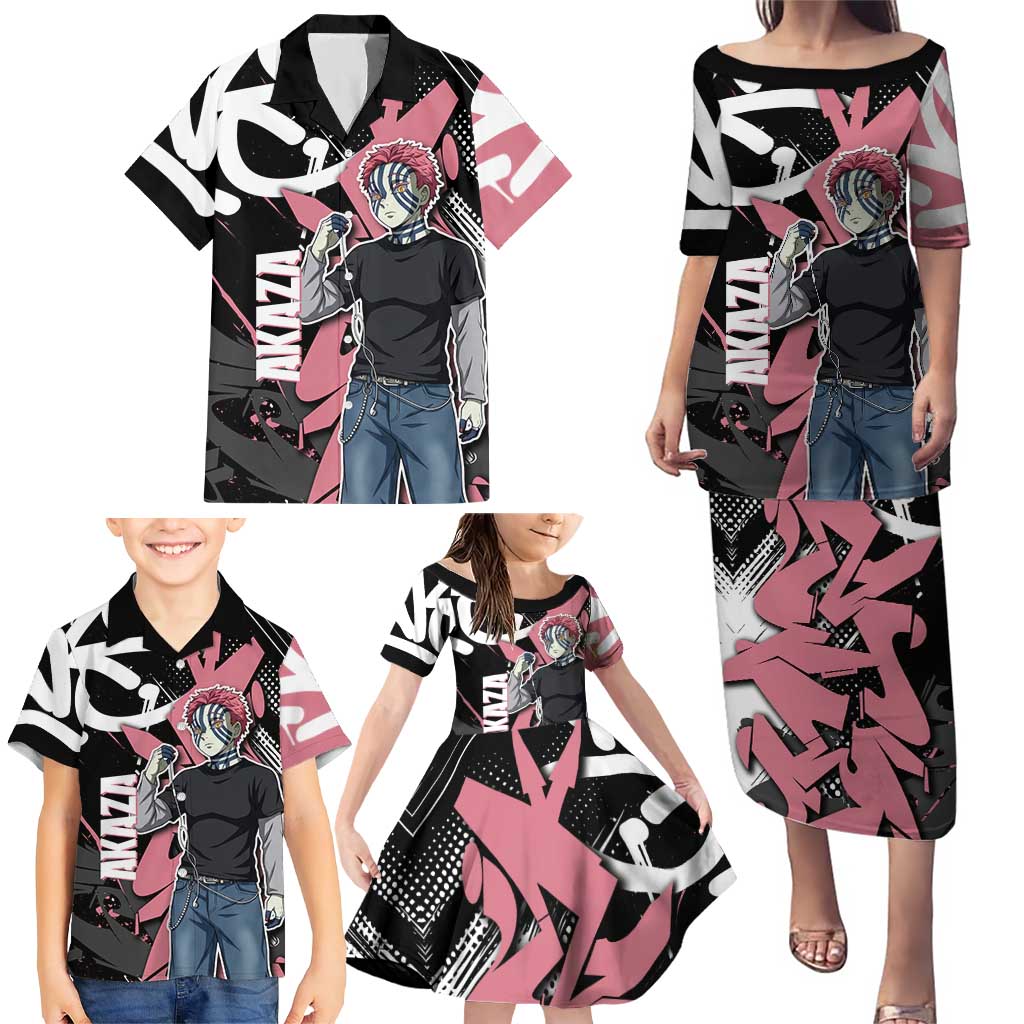 Akaza Demon Slayer Family Matching Puletasi and Hawaiian Shirt Pink & Black Graffiti Anime Graphic