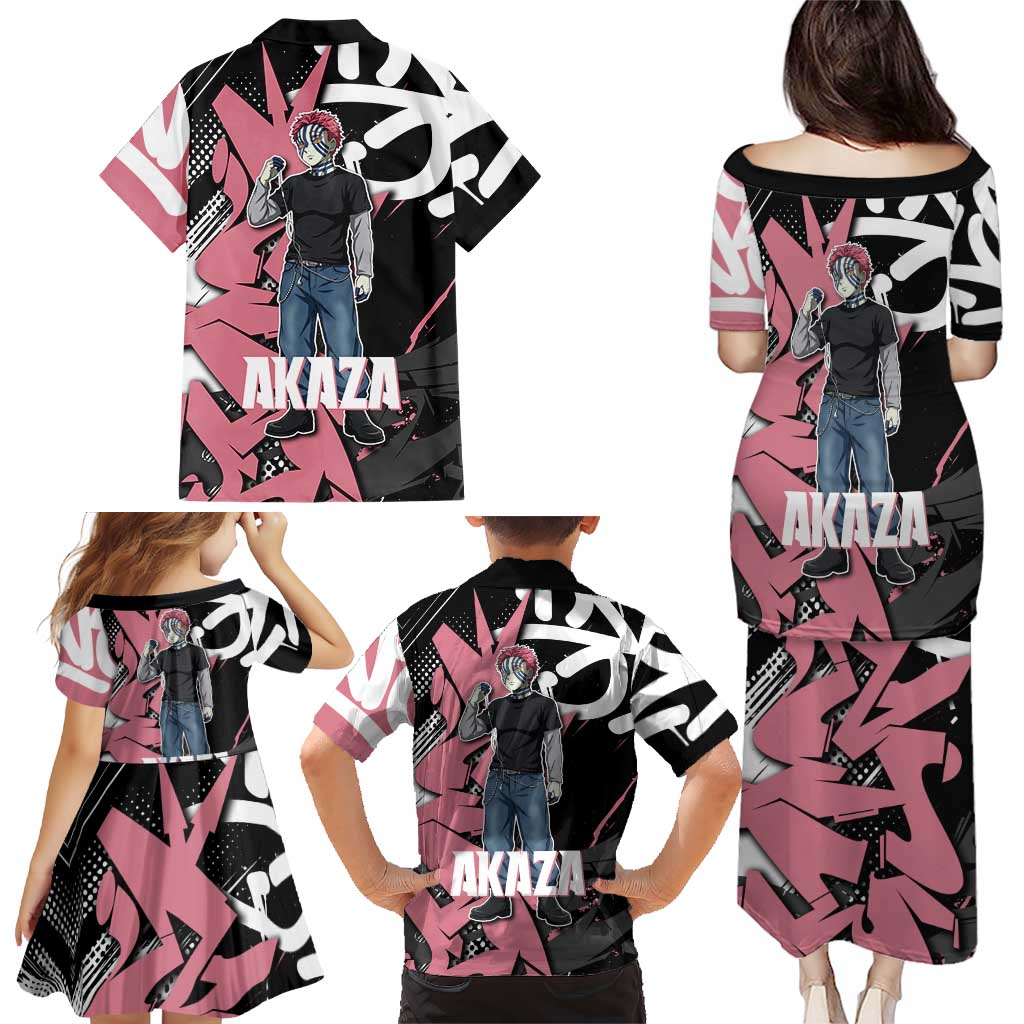 Akaza Demon Slayer Family Matching Puletasi and Hawaiian Shirt Pink & Black Graffiti Anime Graphic