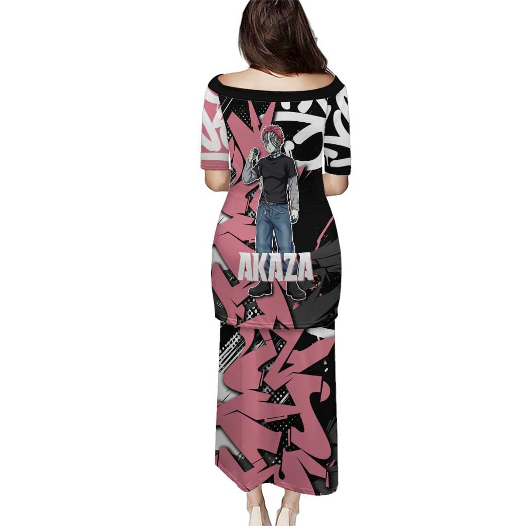 Akaza Demon Slayer Family Matching Puletasi and Hawaiian Shirt Pink & Black Graffiti Anime Graphic