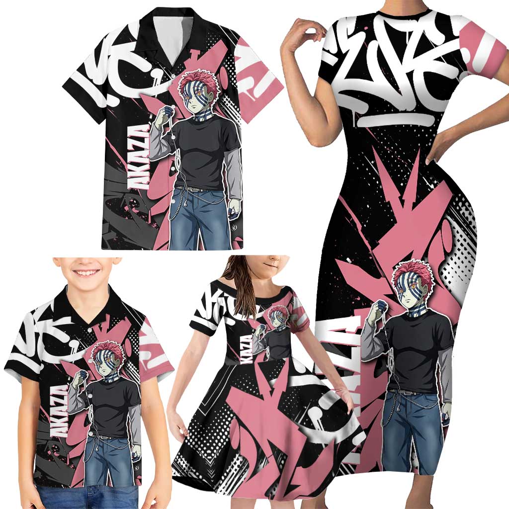 Akaza Demon Slayer Family Matching Short Sleeve Bodycon Dress and Hawaiian Shirt Pink & Black Graffiti Anime Graphic