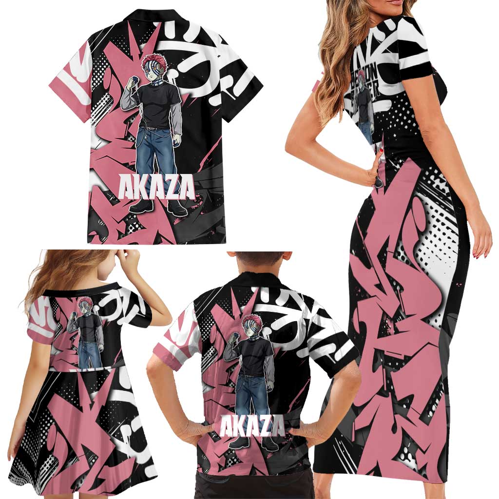 Akaza Demon Slayer Family Matching Short Sleeve Bodycon Dress and Hawaiian Shirt Pink & Black Graffiti Anime Graphic