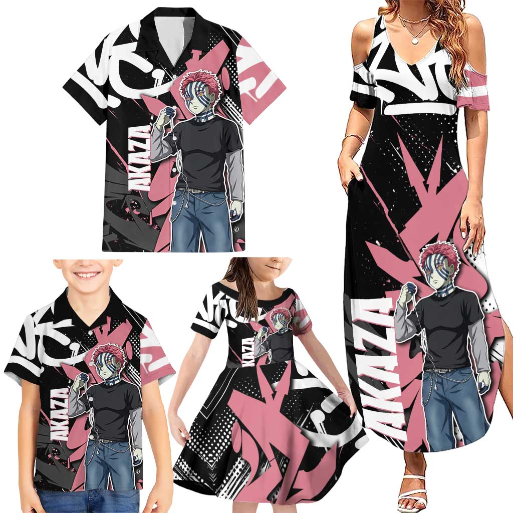 Akaza Demon Slayer Family Matching Summer Maxi Dress and Hawaiian Shirt Pink & Black Graffiti Anime Graphic