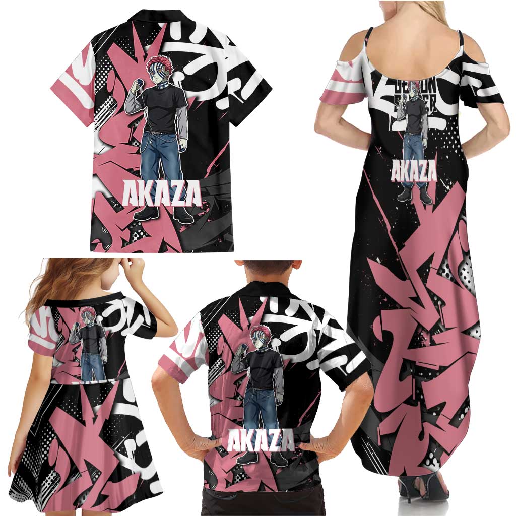 Akaza Demon Slayer Family Matching Summer Maxi Dress and Hawaiian Shirt Pink & Black Graffiti Anime Graphic