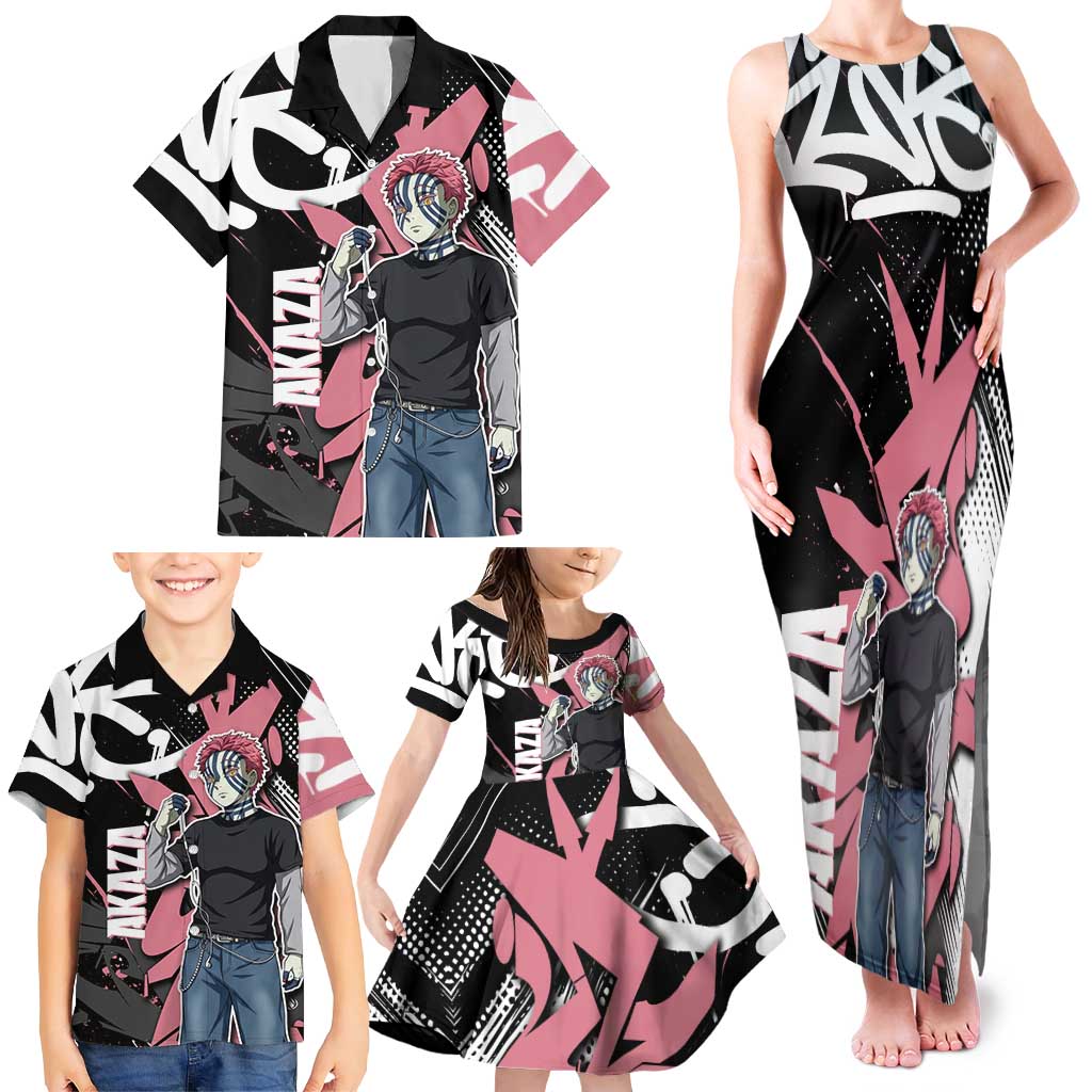 Akaza Demon Slayer Family Matching Tank Maxi Dress and Hawaiian Shirt Pink & Black Graffiti Anime Graphic