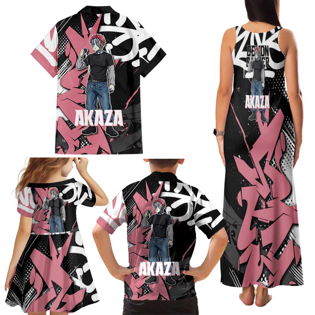 Akaza Demon Slayer Family Matching Tank Maxi Dress and Hawaiian Shirt Pink & Black Graffiti Anime Graphic