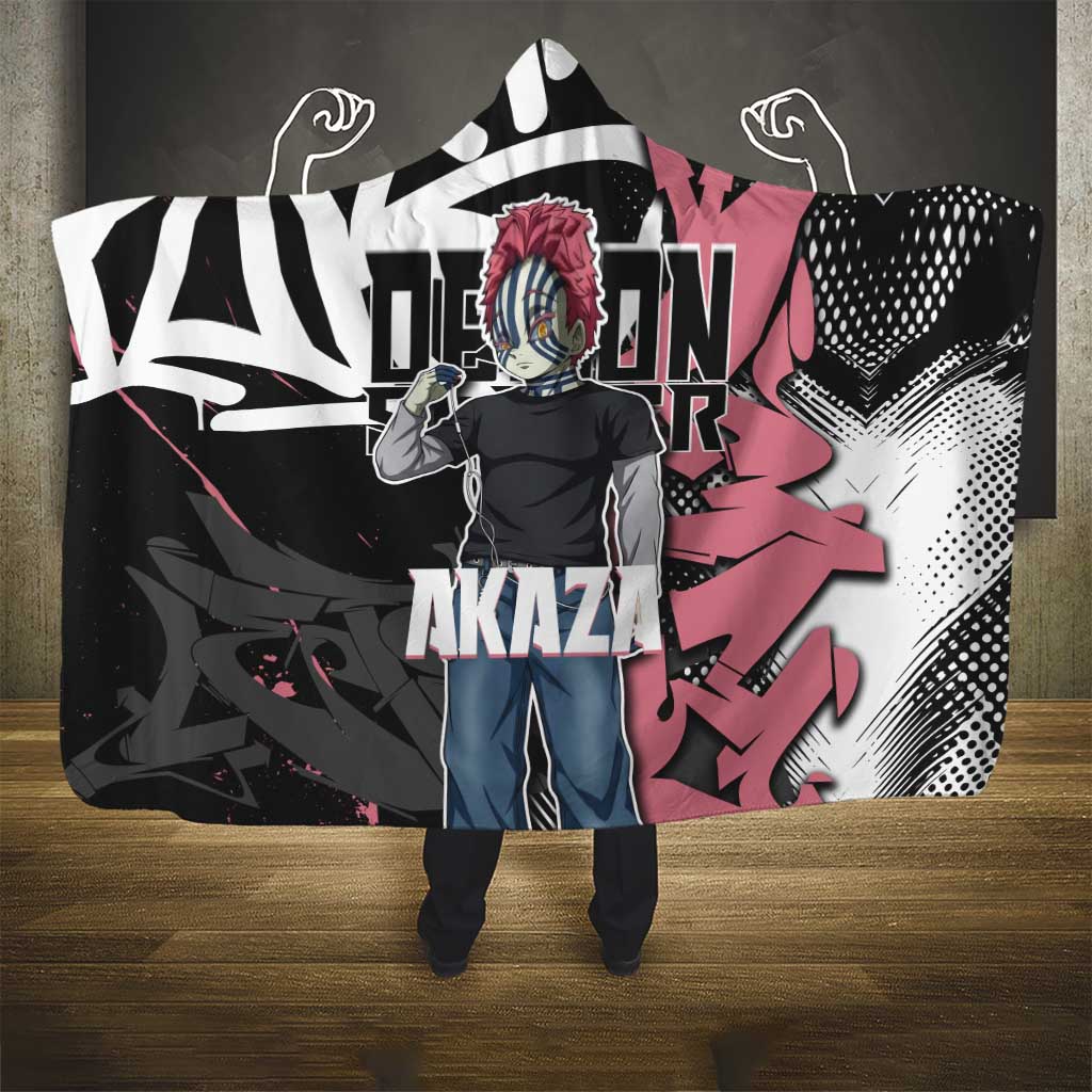 Akaza Demon Slayer Hooded Blanket Pink & Black Graffiti Anime Graphic