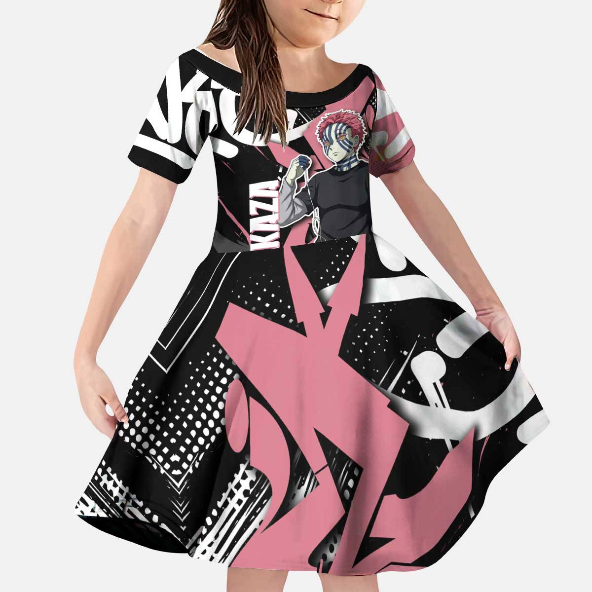 Akaza Demon Slayer Kid Short Sleeve Dress Pink & Black Graffiti Anime Graphic
