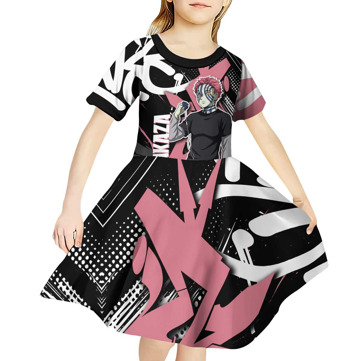 Akaza Demon Slayer Kid Short Sleeve Dress Pink & Black Graffiti Anime Graphic