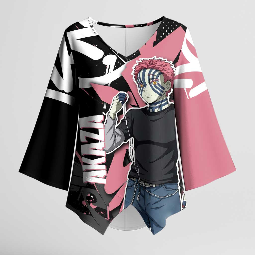 Akaza Demon Slayer Kimono Sleeve Blouse Pink & Black Graffiti Anime Graphic