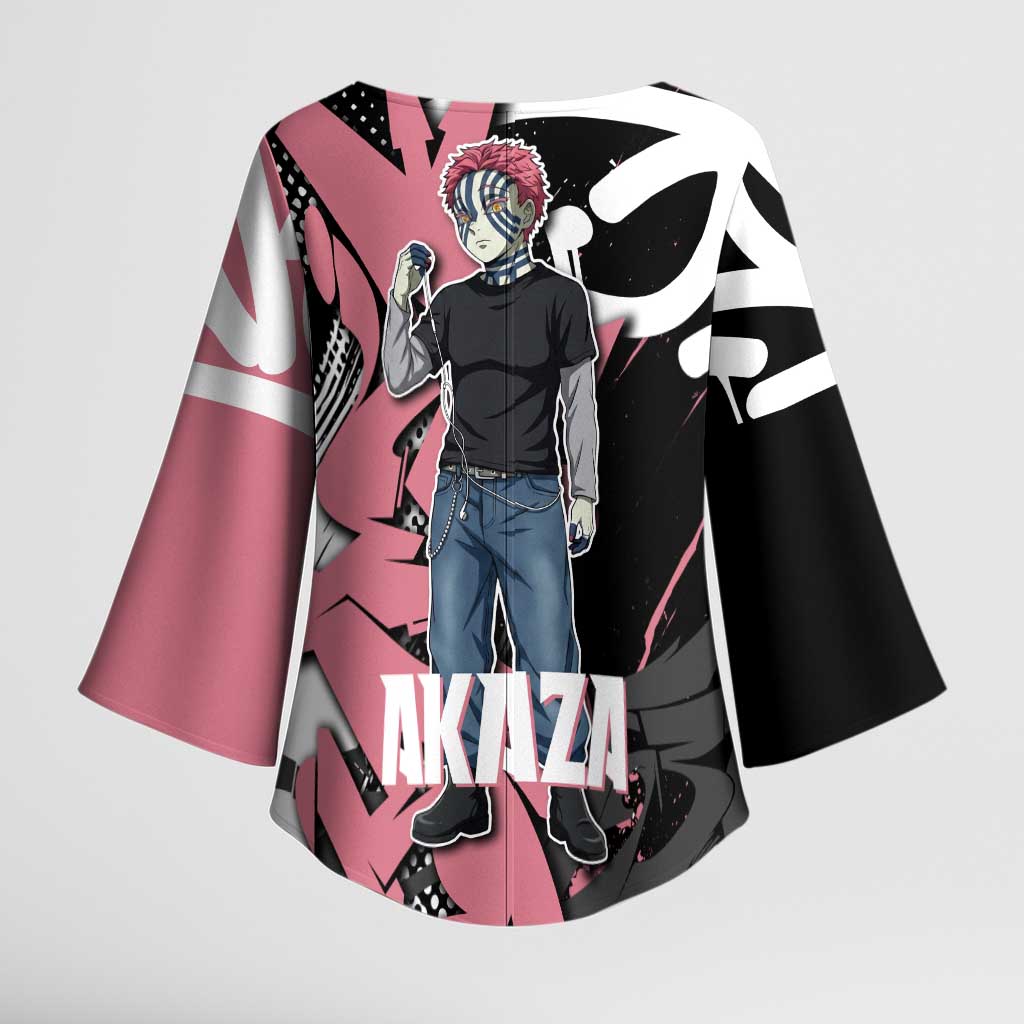 Akaza Demon Slayer Kimono Sleeve Blouse Pink & Black Graffiti Anime Graphic