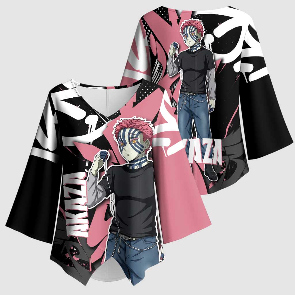Akaza Demon Slayer Kimono Sleeve Blouse Pink & Black Graffiti Anime Graphic
