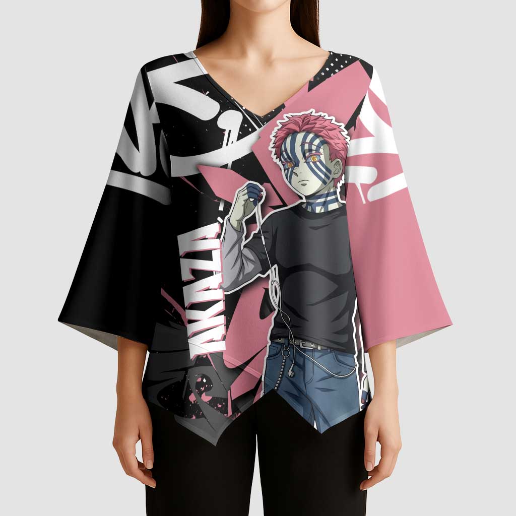 Akaza Demon Slayer Kimono Sleeve Blouse Pink & Black Graffiti Anime Graphic