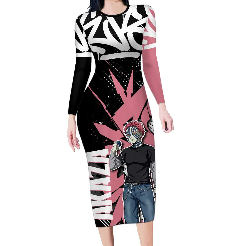 Akaza Demon Slayer Long Sleeve Bodycon Dress Pink & Black Graffiti Anime Graphic