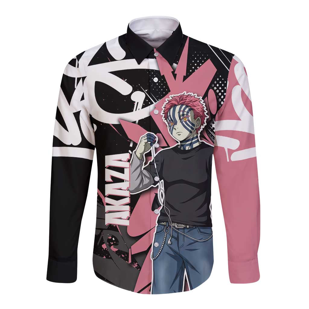 Akaza Demon Slayer Long Sleeve Button Shirt Pink & Black Graffiti Anime Graphic