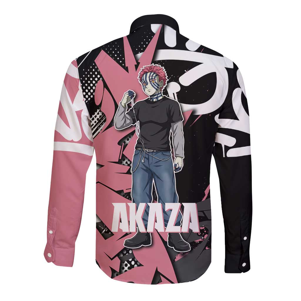 Akaza Demon Slayer Long Sleeve Button Shirt Pink & Black Graffiti Anime Graphic