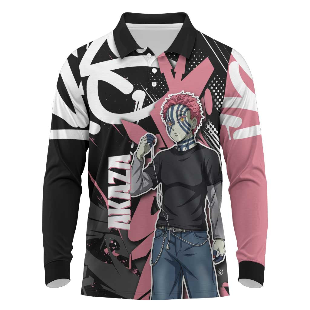 Akaza Demon Slayer Long Sleeve Polo Shirt Pink & Black Graffiti Anime Graphic