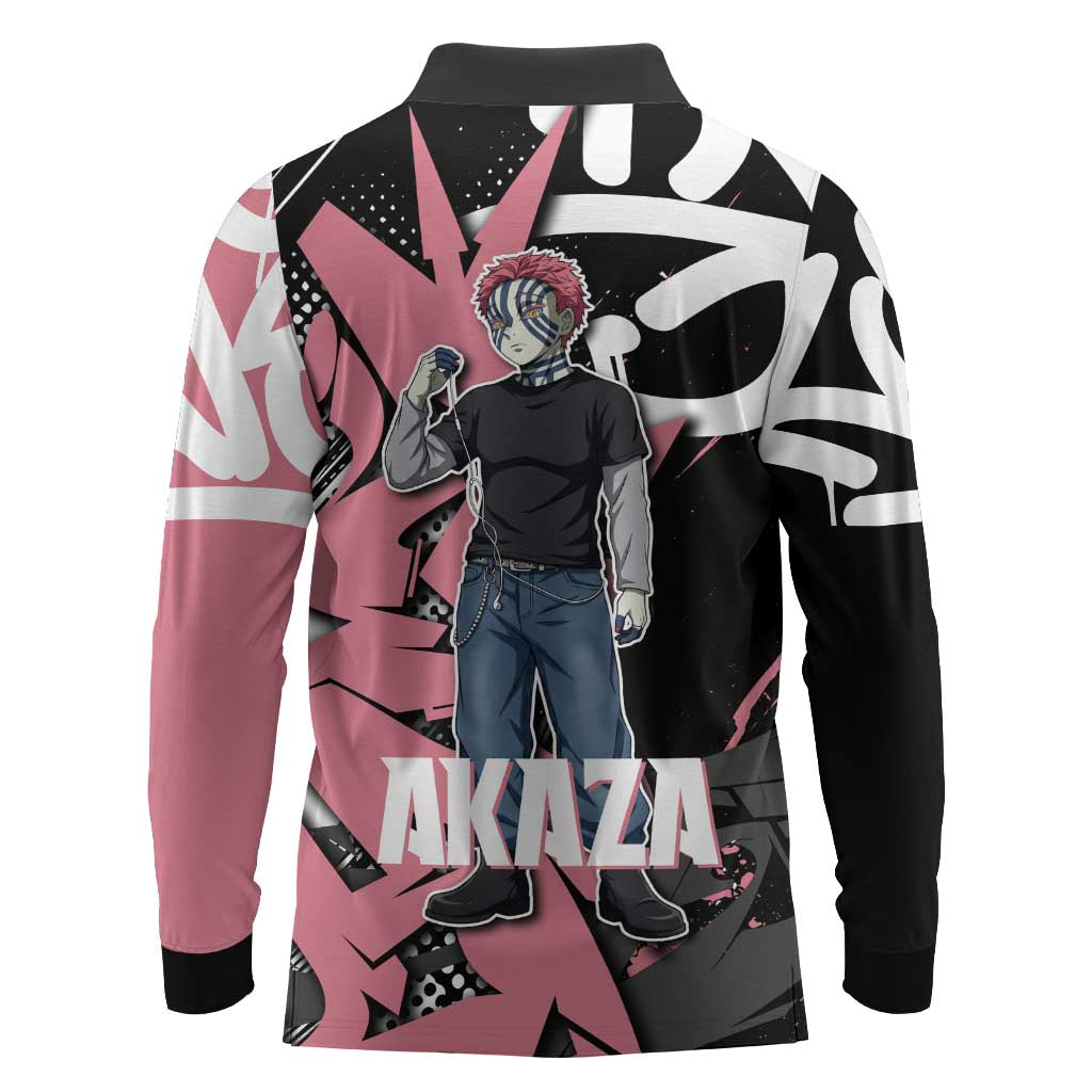 Akaza Demon Slayer Long Sleeve Polo Shirt Pink & Black Graffiti Anime Graphic