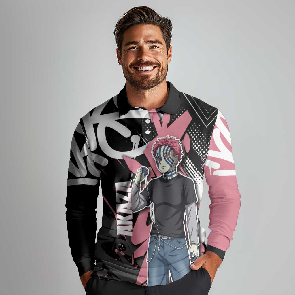 Akaza Demon Slayer Long Sleeve Polo Shirt Pink & Black Graffiti Anime Graphic