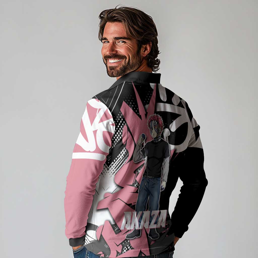 Akaza Demon Slayer Long Sleeve Polo Shirt Pink & Black Graffiti Anime Graphic