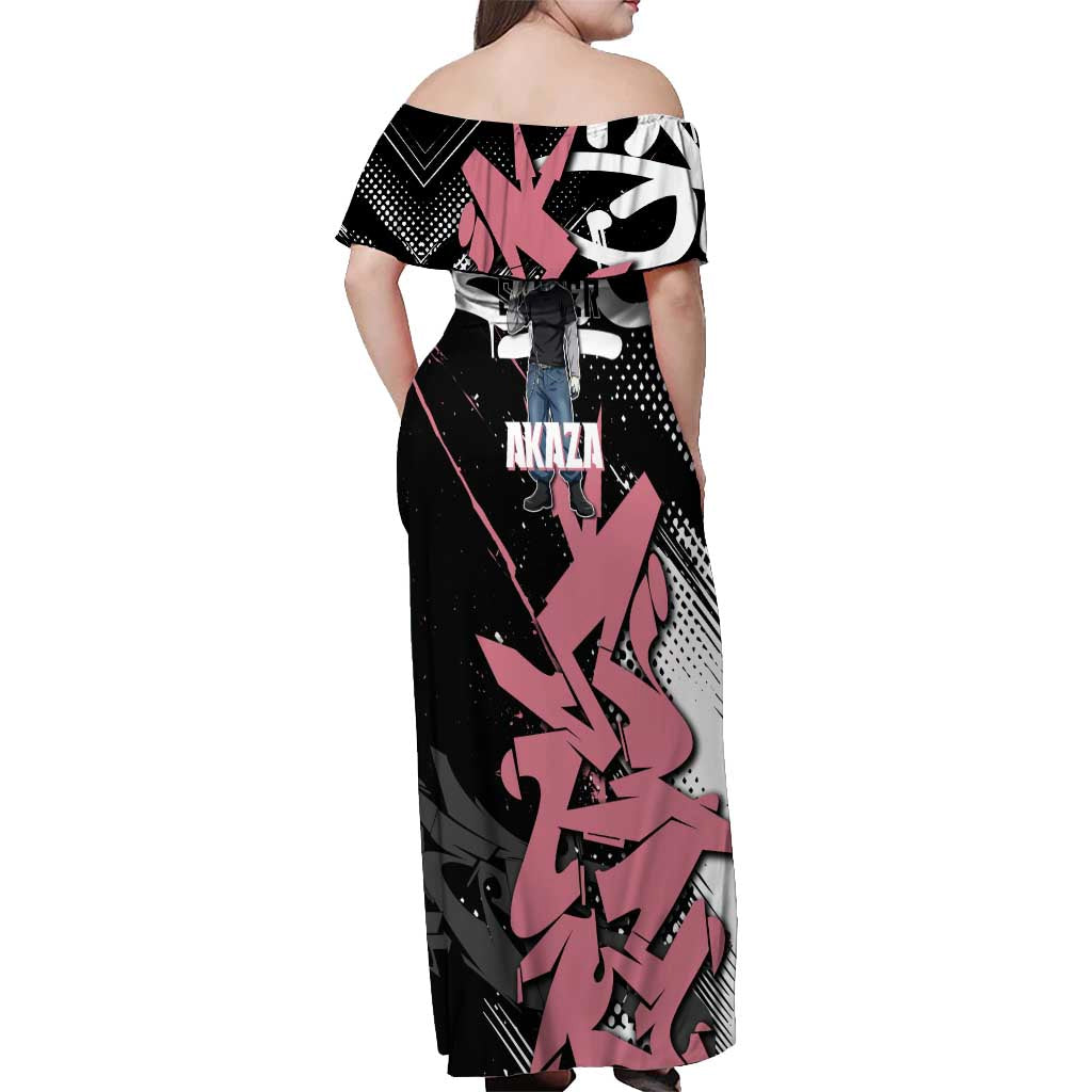 Akaza Demon Slayer Off Shoulder Maxi Dress Pink & Black Graffiti Anime Graphic