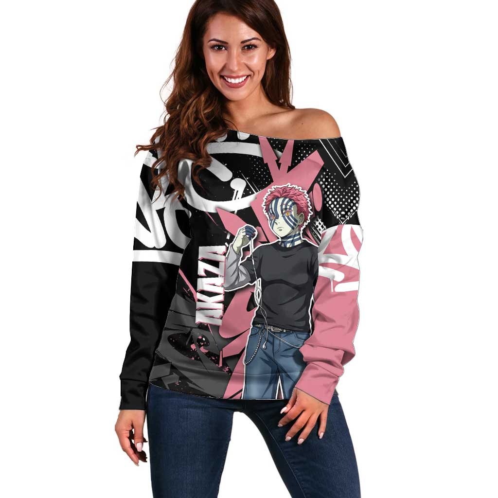 Akaza Demon Slayer Off Shoulder Sweater Pink & Black Graffiti Anime Graphic