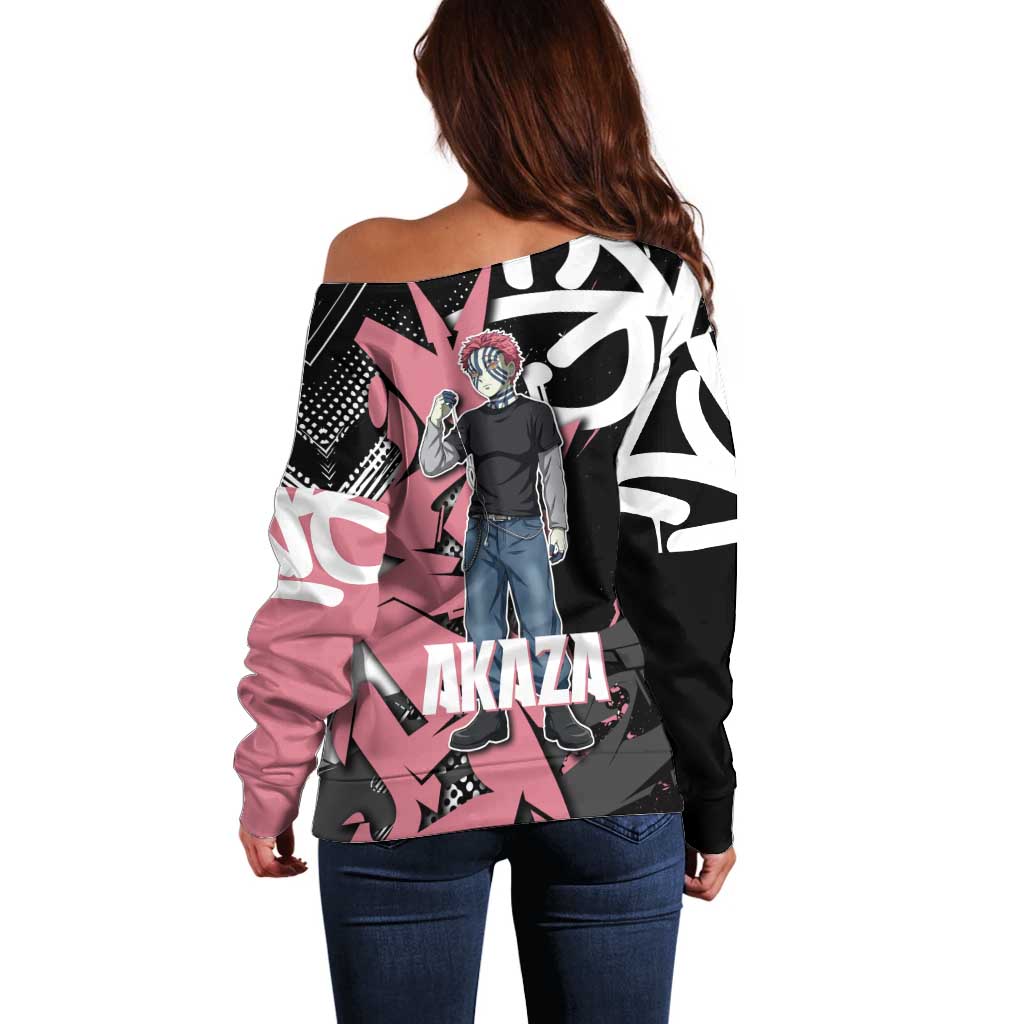 Akaza Demon Slayer Off Shoulder Sweater Pink & Black Graffiti Anime Graphic