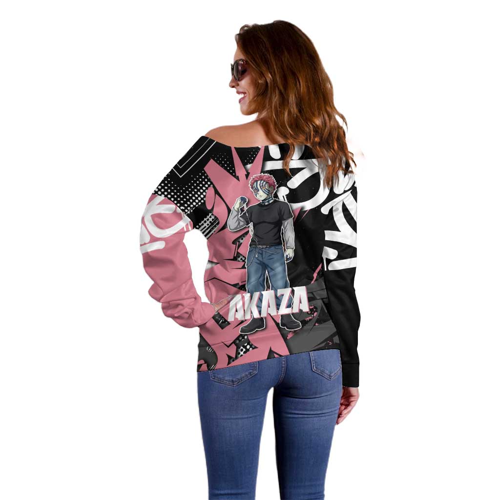 Akaza Demon Slayer Off Shoulder Sweater Pink & Black Graffiti Anime Graphic