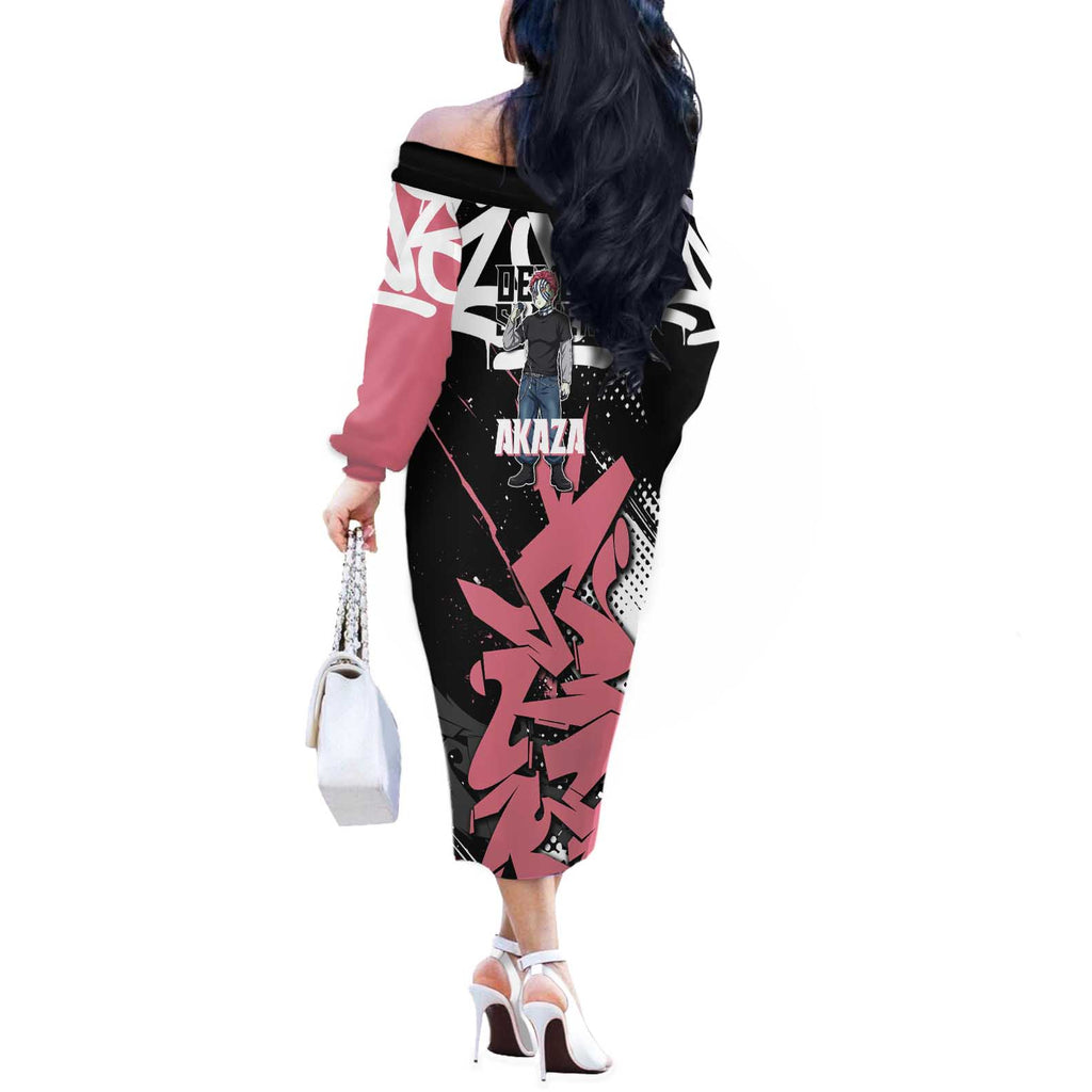Akaza Demon Slayer Off The Shoulder Long Sleeve Dress Pink & Black Graffiti Anime Graphic