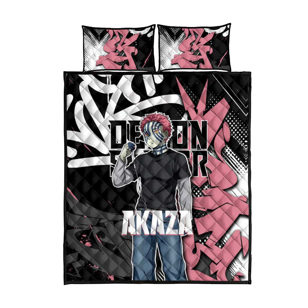 Akaza Demon Slayer Quilt Bed Set Pink & Black Graffiti Anime Graphic