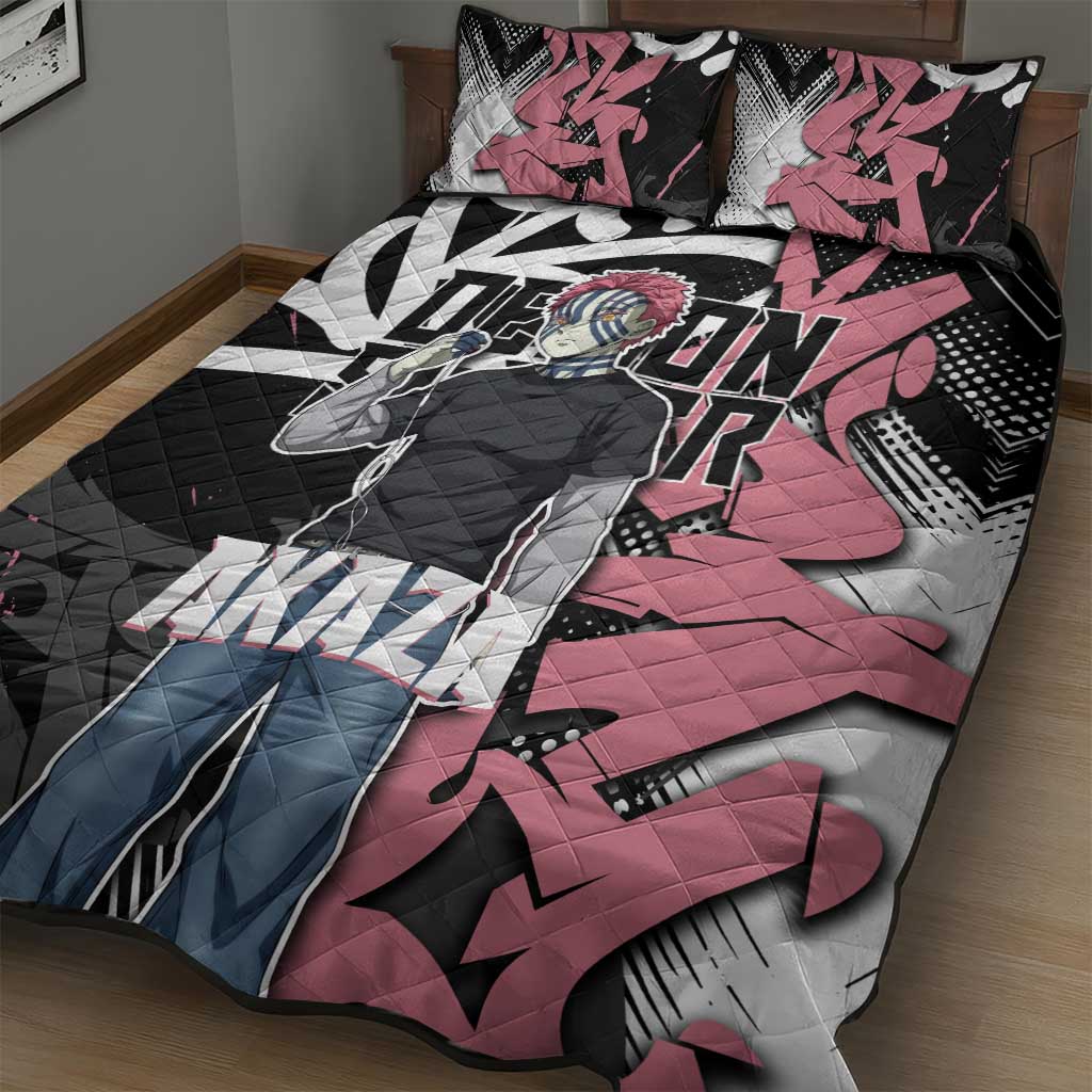 Akaza Demon Slayer Quilt Bed Set Pink & Black Graffiti Anime Graphic
