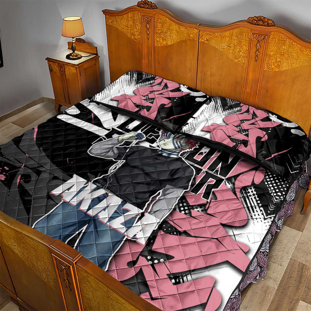 Akaza Demon Slayer Quilt Bed Set Pink & Black Graffiti Anime Graphic