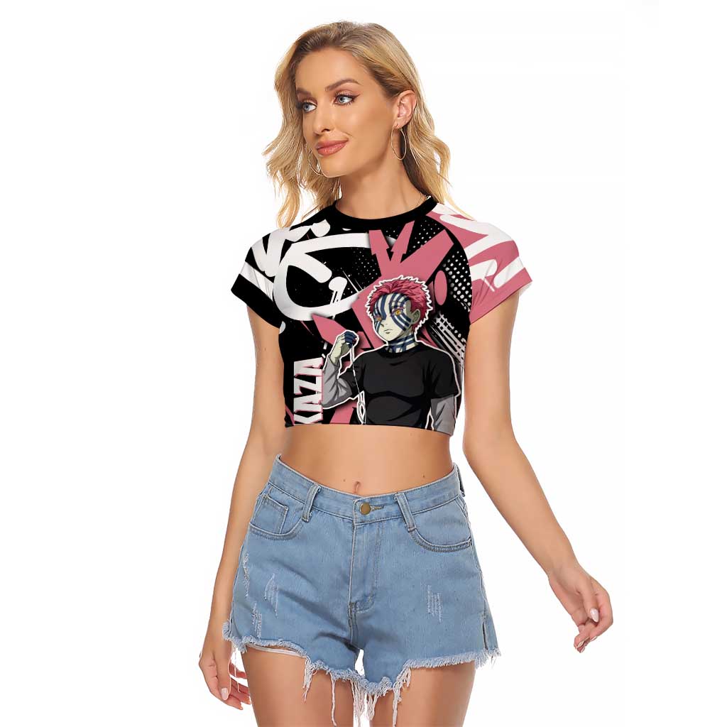 Akaza Demon Slayer Raglan Cropped T Shirt Pink & Black Graffiti Anime Graphic