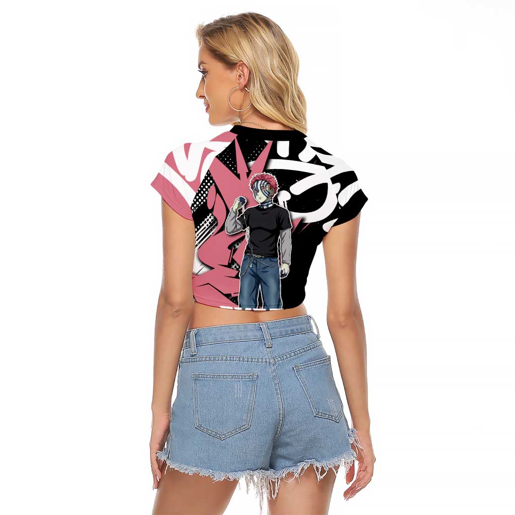 Akaza Demon Slayer Raglan Cropped T Shirt Pink & Black Graffiti Anime Graphic