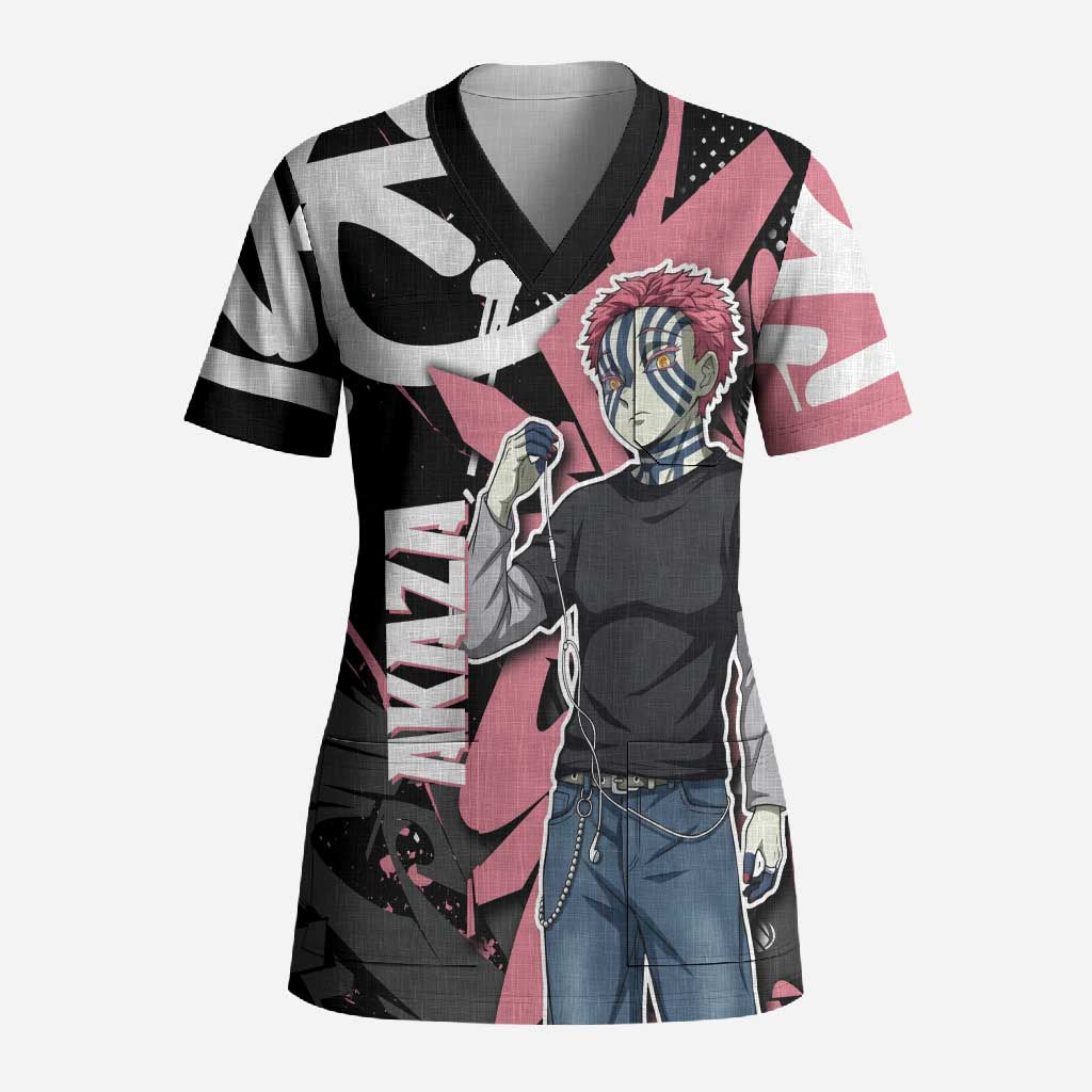 Akaza Demon Slayer Scrub Top Pink & Black Graffiti Anime Graphic